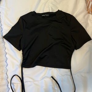 Black open back short sleeve crop top